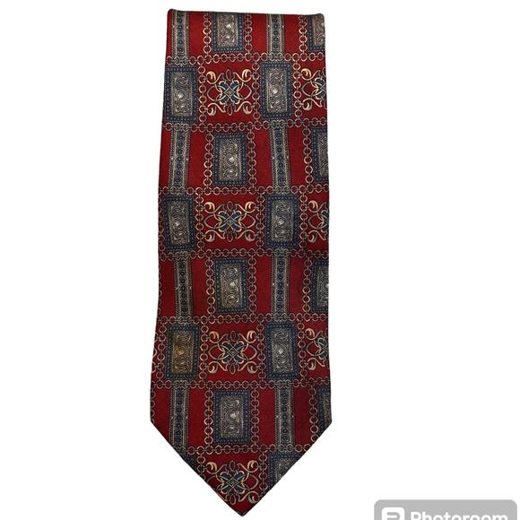 Bill Blass Mens Tie Maroon Gold Geometric Traditional 100% Silk NeckTie - Picture 1 of 6